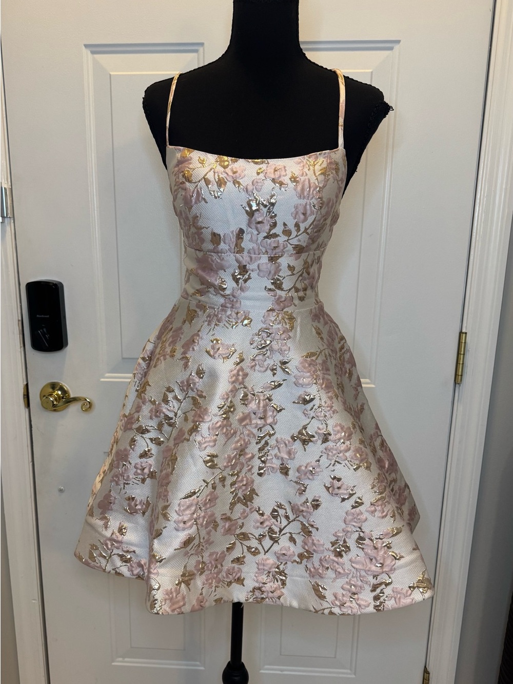 Juniors Pink and Gold Floral A-Line Dress